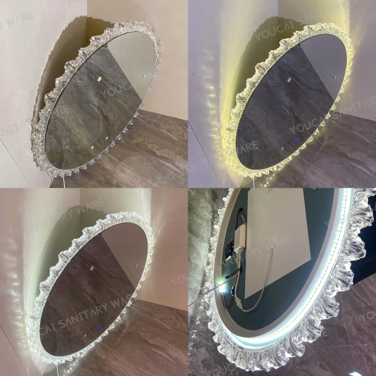 Delicate LED Lights Bathroom Mirror diamond decor border smart mirror with Demister  hand scan senor switch mirror