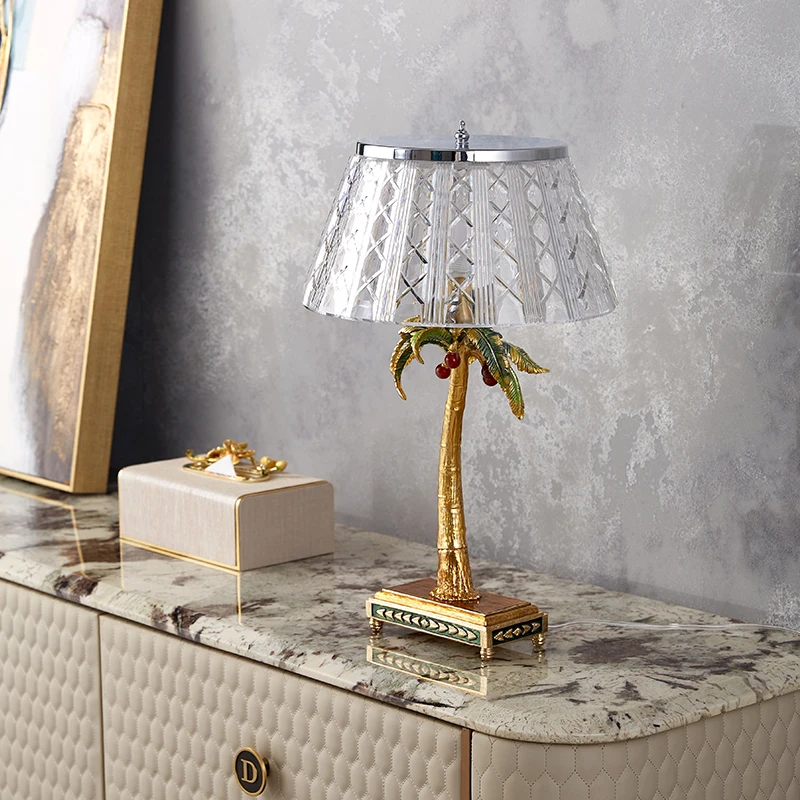 SANLOREN New Collection Modern Luxury Enamel Hand-made Painting Crystal Glass Coconut Tree Desk Table Night Sleeping Bed Lamp