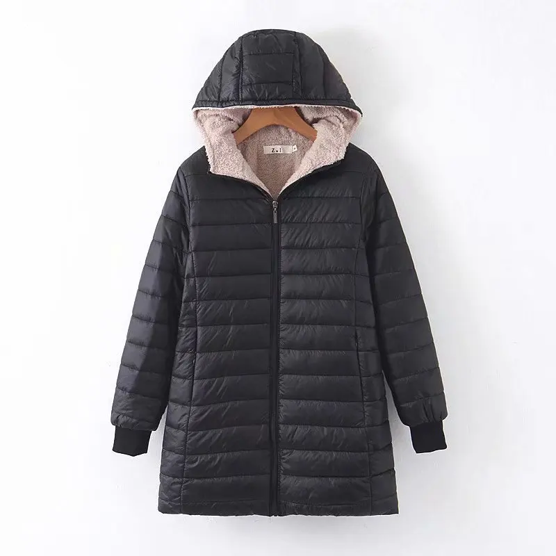 Winter Jacket Women Hooded Long sleeve Thin Fleece Jacket Female Slim fit Medium Section Cotton Coat Female