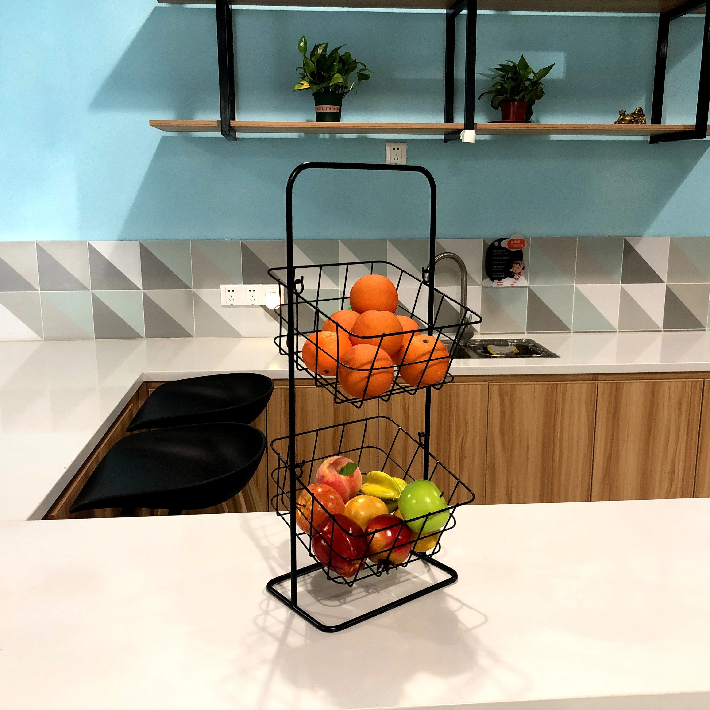 2-Tier Hanging Basket Black Fruit Vegetable Storage Organizer Kitchen Living Room Detachable 2 Tier Fruit Basket