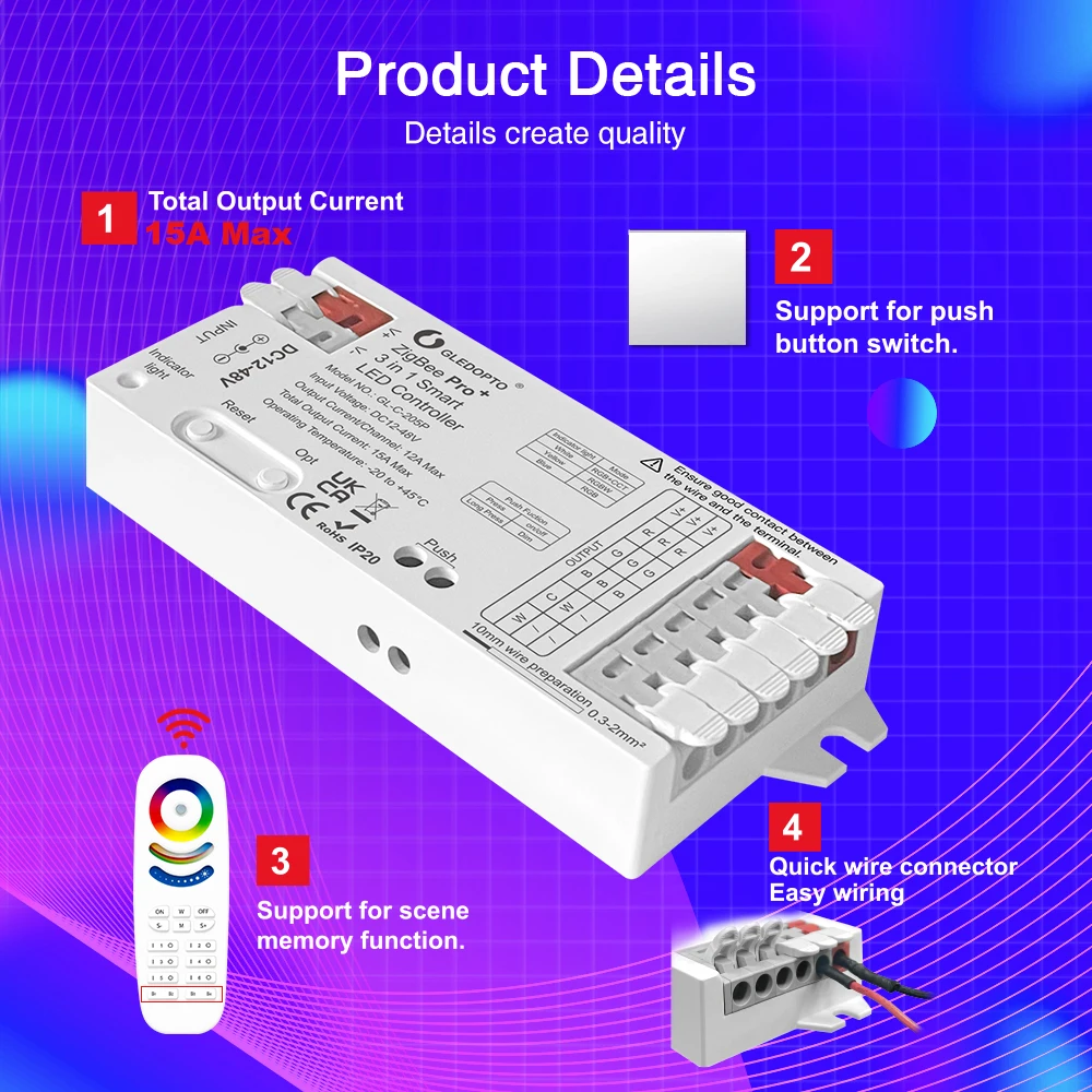 2024 New Zigbee Pro+led Controller 3 in 1 RGBCCT RGB RGBW for Magic Home DC12V-48V