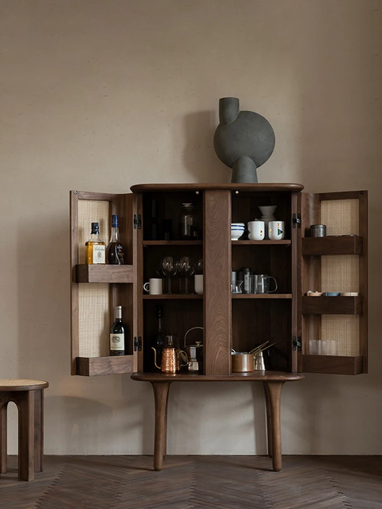Modern high end ash solid wood storage cabinet living room walnut wood color  wine cabinet real rattan black double door cabinet