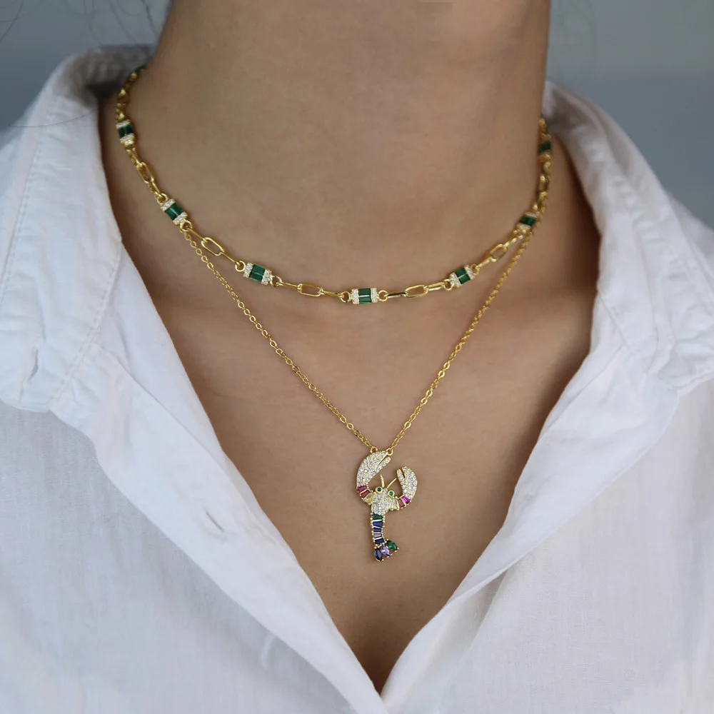 2023 new arrived Rainbow cz paved Craw fish Shrimp Lobster Pendant Necklace for Women Summer Beach pendant Necklace Jewelry