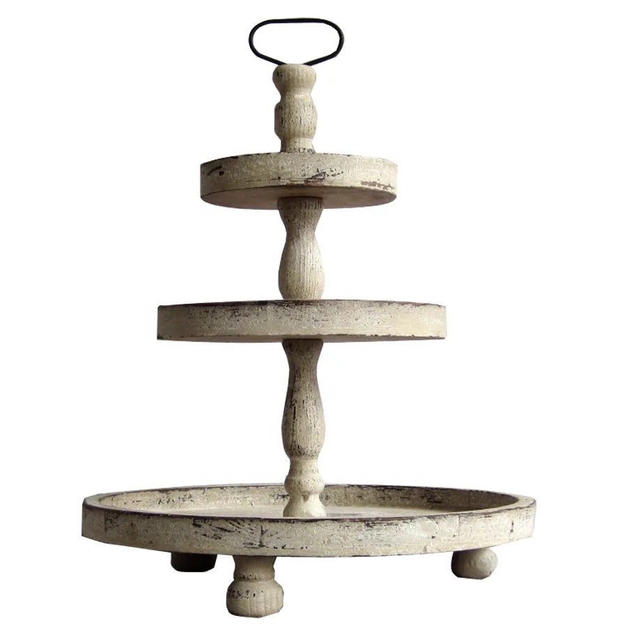 Lukcywind Shabby Chic Farmhouse Wood White Wash Heavy Duty Kitchen 3 Tier Round Tray
