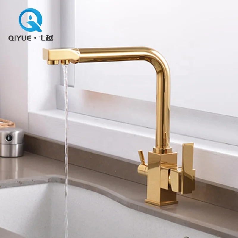 Modern 3 way drinking faucet single hole dual handle square shape gold plated brass quality kitchen sink mixer tap