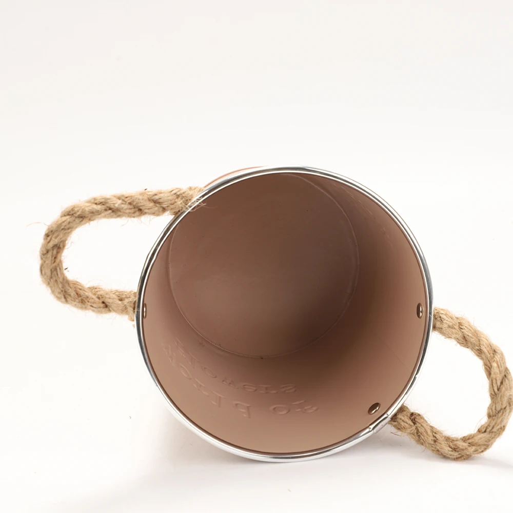 Wholesale small metal bucket garden pot with rope handle for home decoration