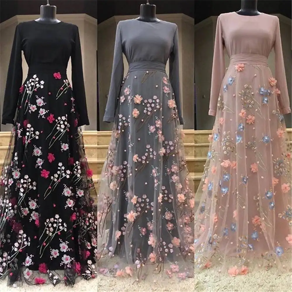 New Arrival middle east Islamic clothing Lady Round Neck Top 3D embroidery flower Slim Waist Maxi Party Muslim women Abaya Dress