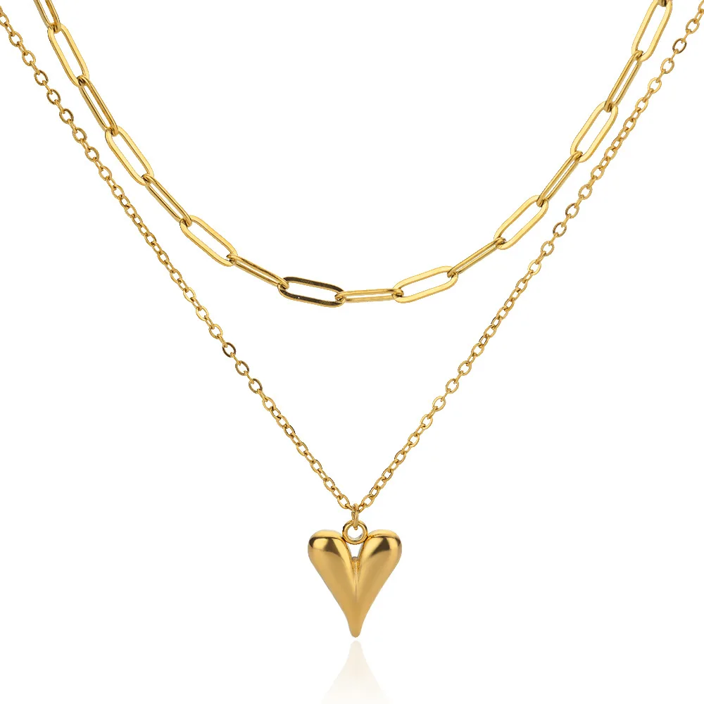 Custom Design 18K Gold Plated Non-Tarnish Stainless Steel Heart Pendant 2-Layer Necklace for Women-Fashionable Jewelry Gift