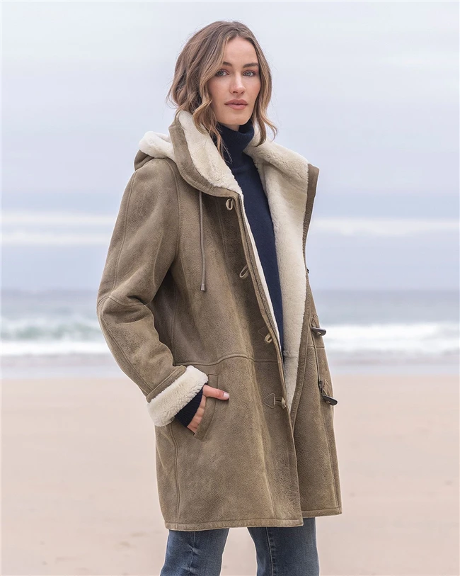 2024 Winter Women Long Shearling Duffle Coat with Faux Fur Hood