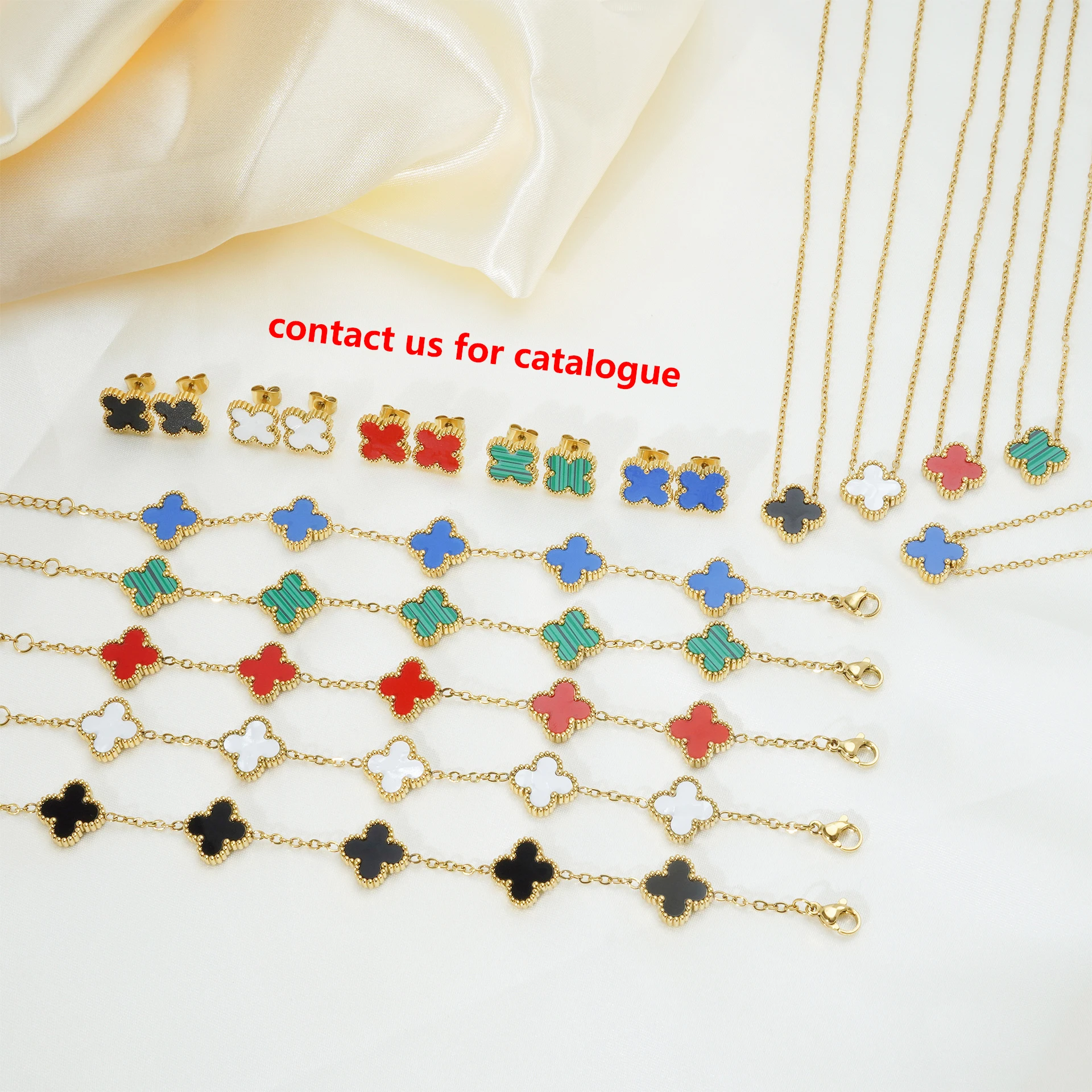 Non Tarnish 18K Gold Plated Stainless Steel 13mm Lucky Four Leaf Clover Earrings Bracelet Necklace Jewelry Set For Women