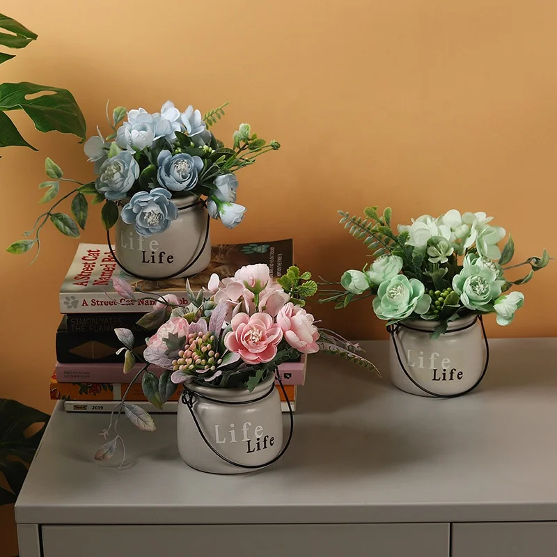 wholesale high quality silk flower pots artificial home house decoration ceramic flowerpot vase