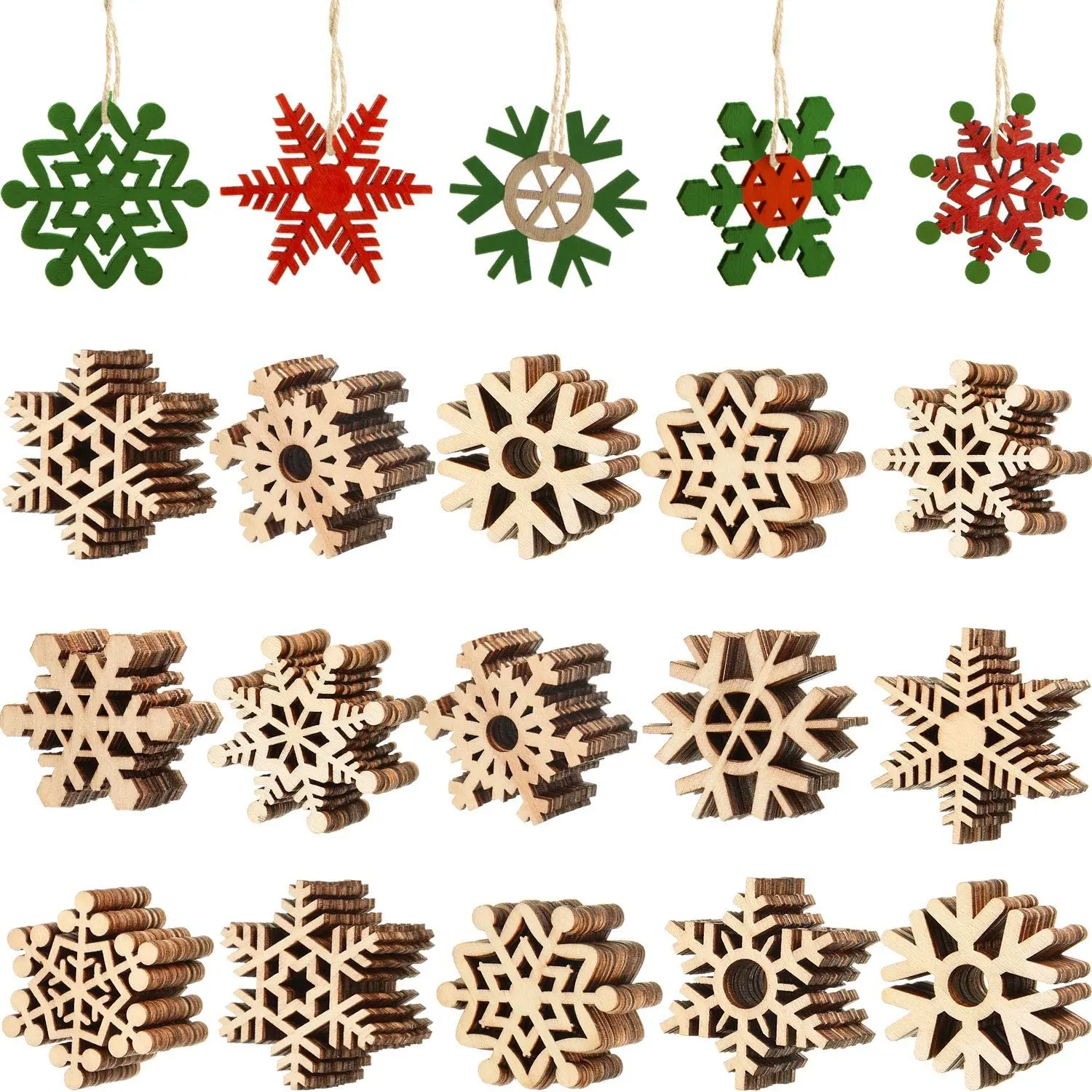 Unfinished Wooden Snowflake, Hanging Cutouts Blank Wood Slices, Christmas Craft Embellishments for Xmas Tree Decorations