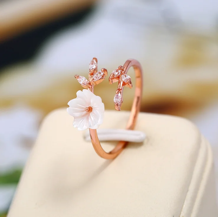 Ladies Rose Gold Color Bague Fleur Delicate Zircon Crystal Shell Flower Leaf Rings For Women Girls