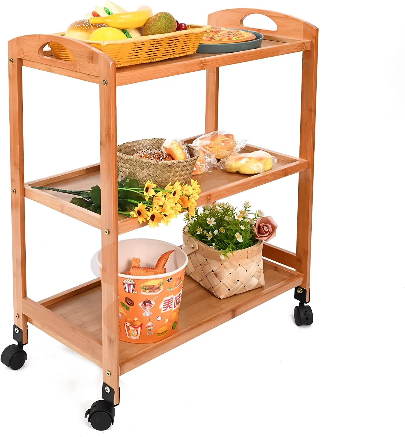 Bamboo Mobile Kitchen Trolley with 4 Lockable Wheels Wooden Storage Organizer Cart Bamboo Kitchen Serving Cart