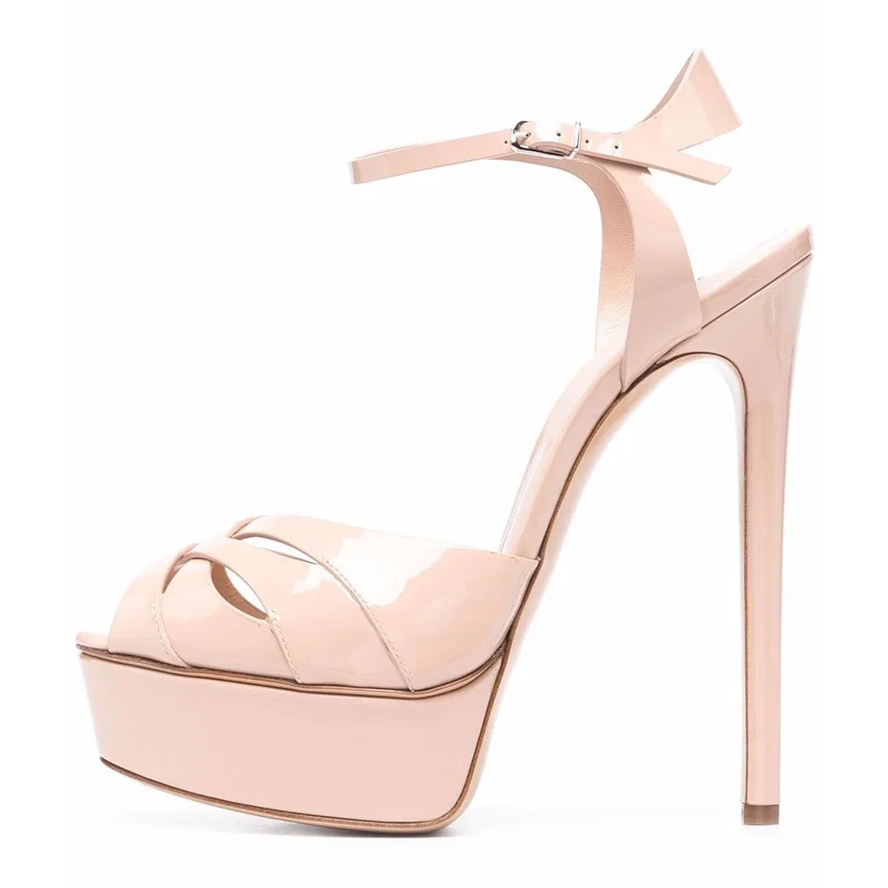 Trendy Girls Hot High Heels Shiny Leather Platform Stiletto Heel Peep Toe Buckle Strap Ladies Sandals Party Summer Women Shoes