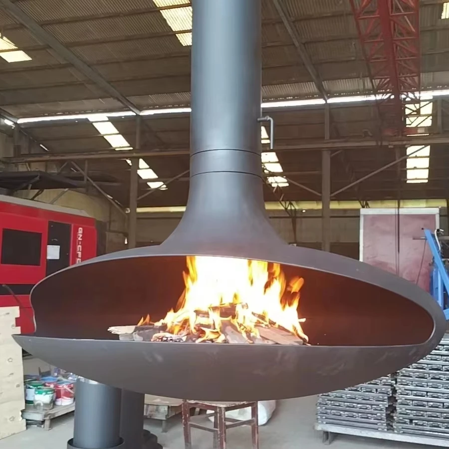 Premium Black Matte Carbon Steel Firewood Burning Modern Suspended Fireplace Roof Mounted Ceiling Hang Fireplace