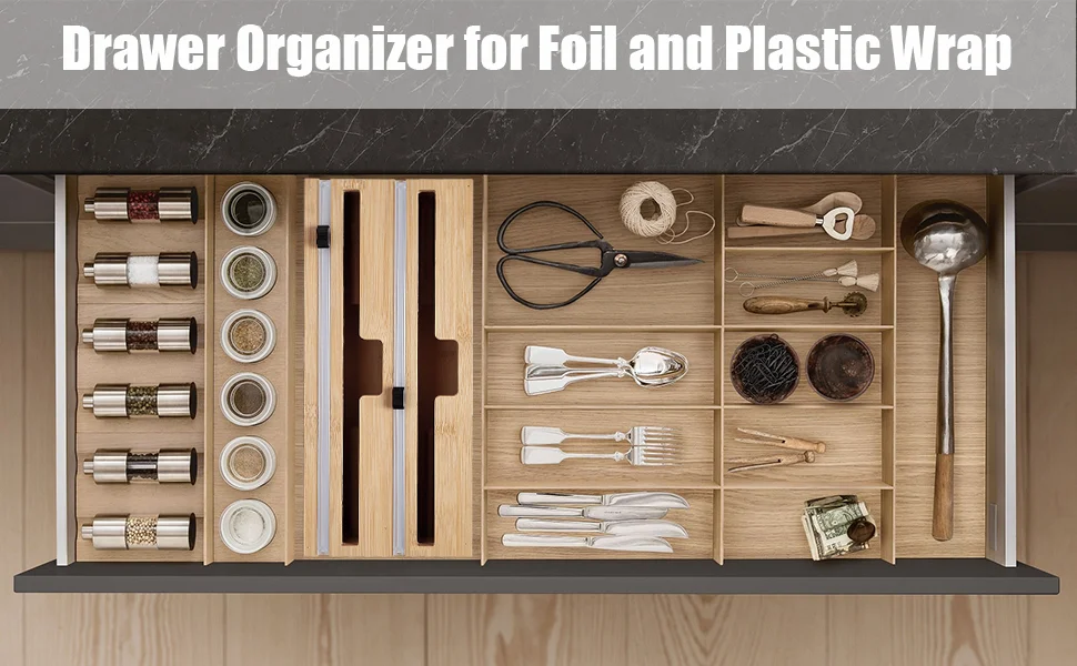 2 in 1 Kitchen Bamboo Wood Tin Foil Wax Paper Roll Plastic Cling Wrap Paper Aluminum Tin Foil Cutter Dispenser