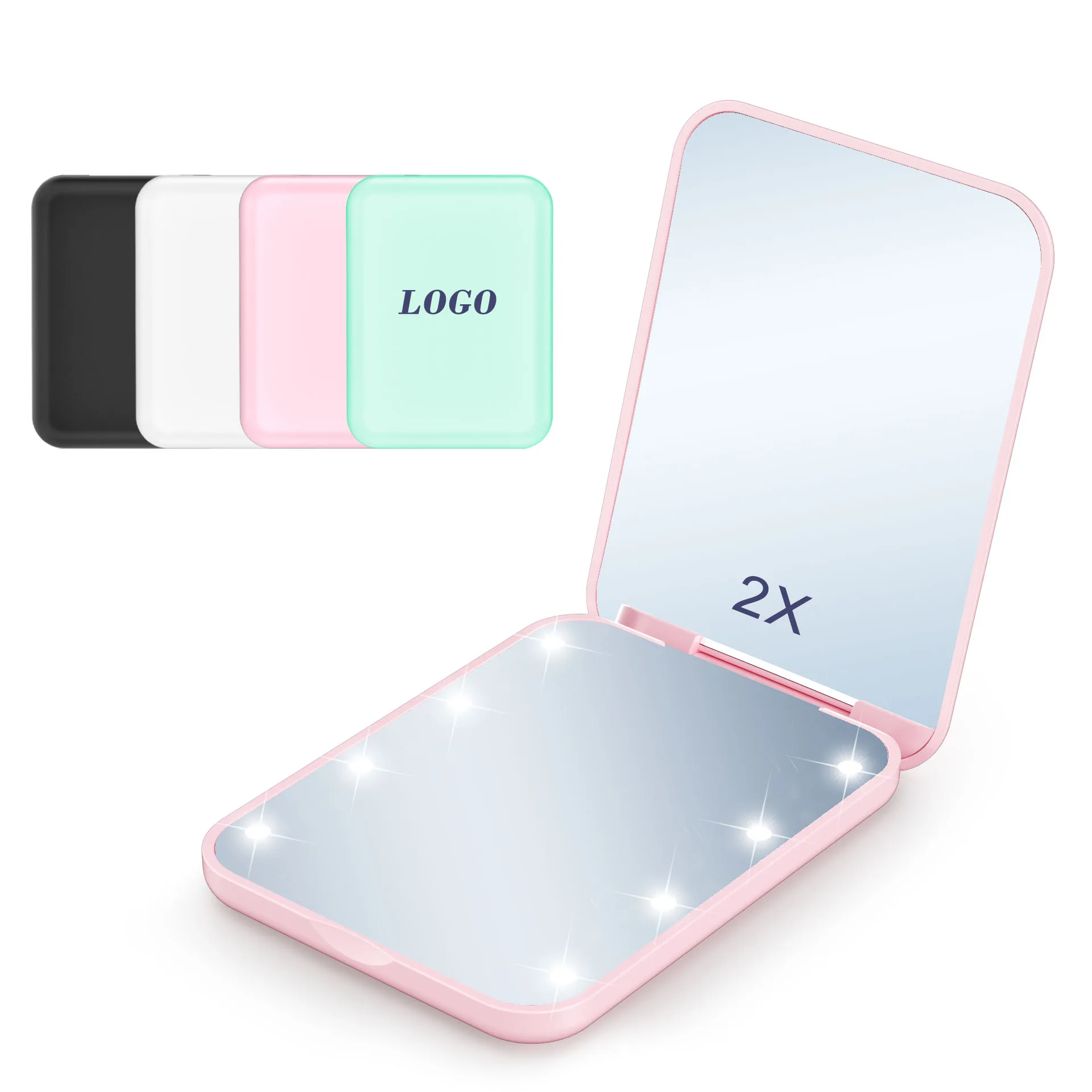 Custom 1X/2X Magnification Cute LED Light Pocket Purse Hand Held Portable Folding Small Mini Makeup Mirror