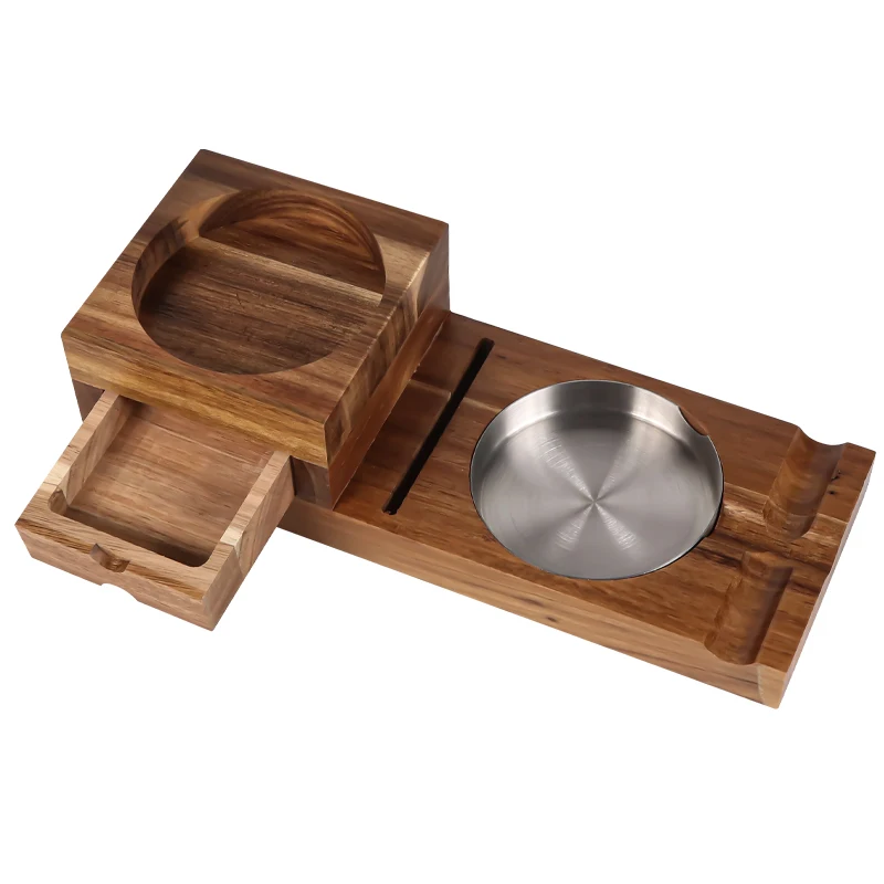 High Quality Wooden Cigar Ashtray Accessories Set Whisky Glass Tray Holder Cigar Ashtray Coaster With Cigar Cutter Slot