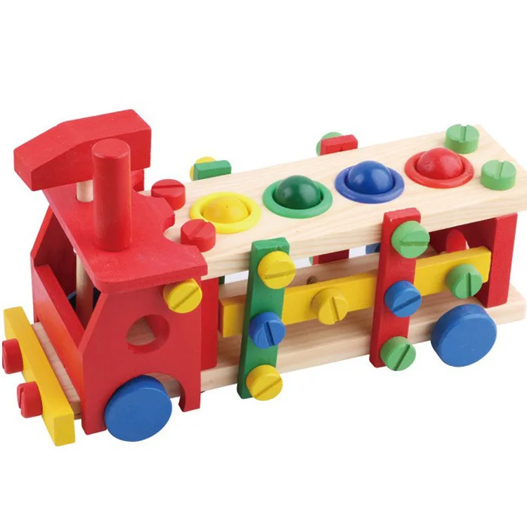 Early education building block toy car knocking ball disassembly screw car children assembling and disassembling wooden car