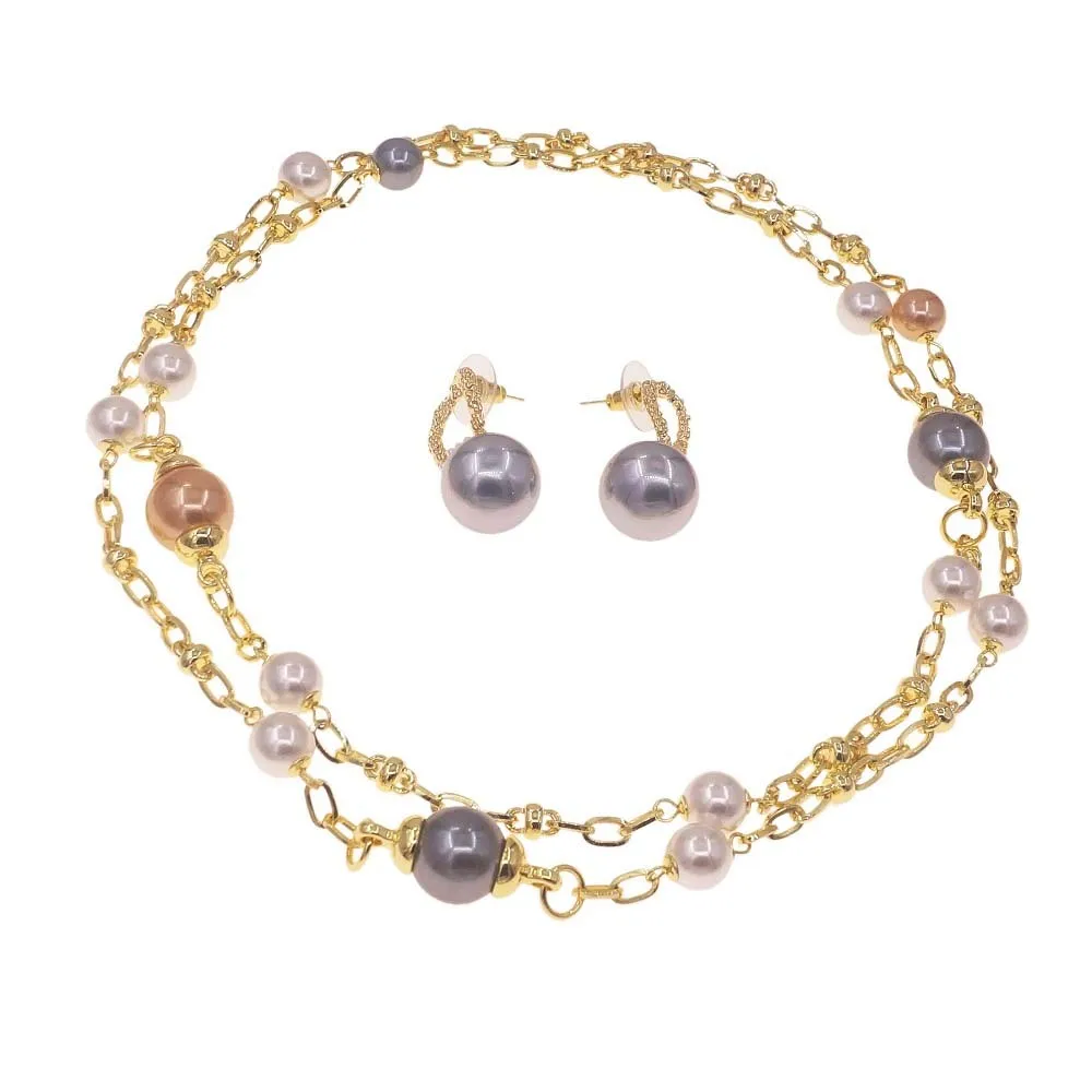 Dubai Pearl Gold Plated Jewelry Set Ring Fashion Long Chain Pearl Necklace Earrings Rings Set Dubai Gold Jewelry Sets for Women
