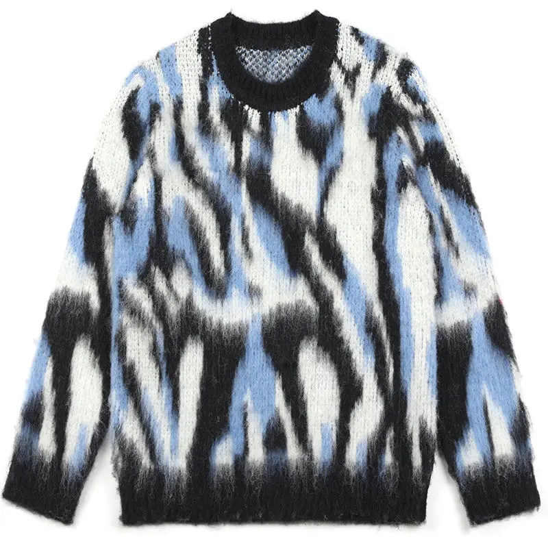 Custom OEM & ODM sweaters men mohair Fuzzy Jacquard Long Sleeve knitwear winter crew neck knit custom pullover men sweater