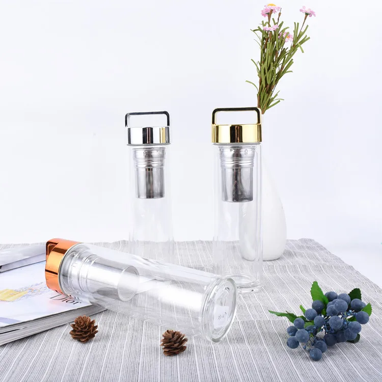 Seaygift portable handle clear double wall tea separation glass cups tea infuser glass water bottles with tea strainer