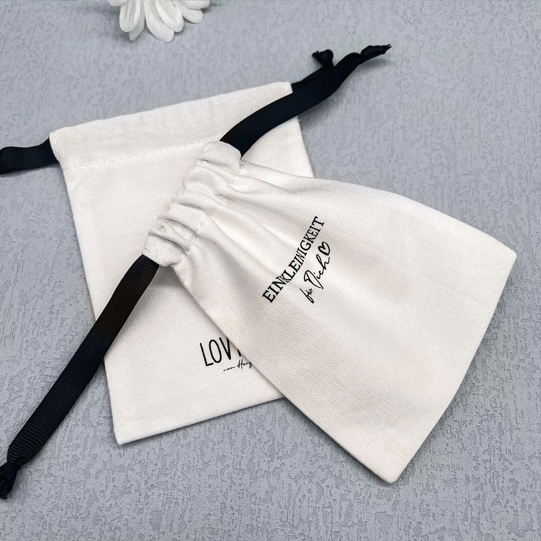 Custom Logo Printed Thick Cotton Canvas Drawstring Jewelry Pouch  with Grosgrain Gift Dust Cotton Drawstring Pouch For jewelry