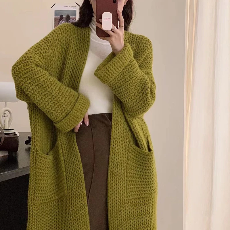 2023 autumn new arrival long sleeve open chest big pocket cardigan super long cable knit women sweater coat