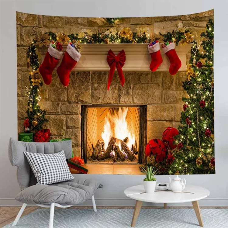 Hot Sale Printed Customized 100% Polyester With Fireplace Christmas Tapestry