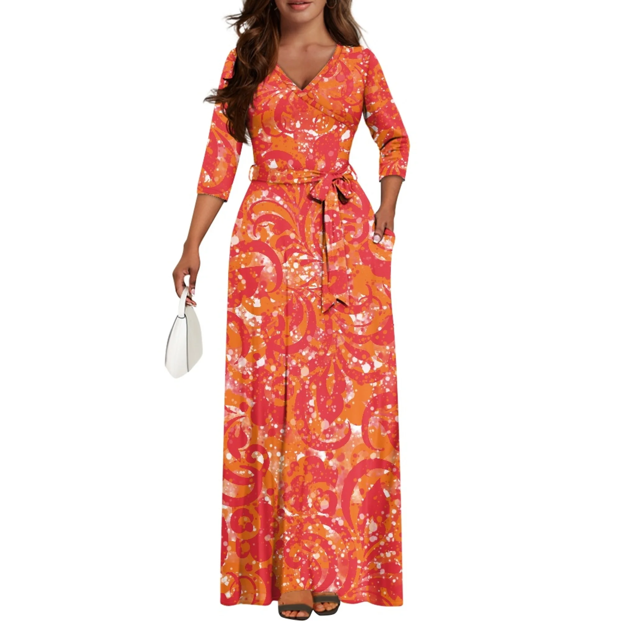 1MOQ Customized Belts Island Style Dress Hawaiian Flower Printed Polynesian Dress Long Maxi Casual Dresses With Side Pocket