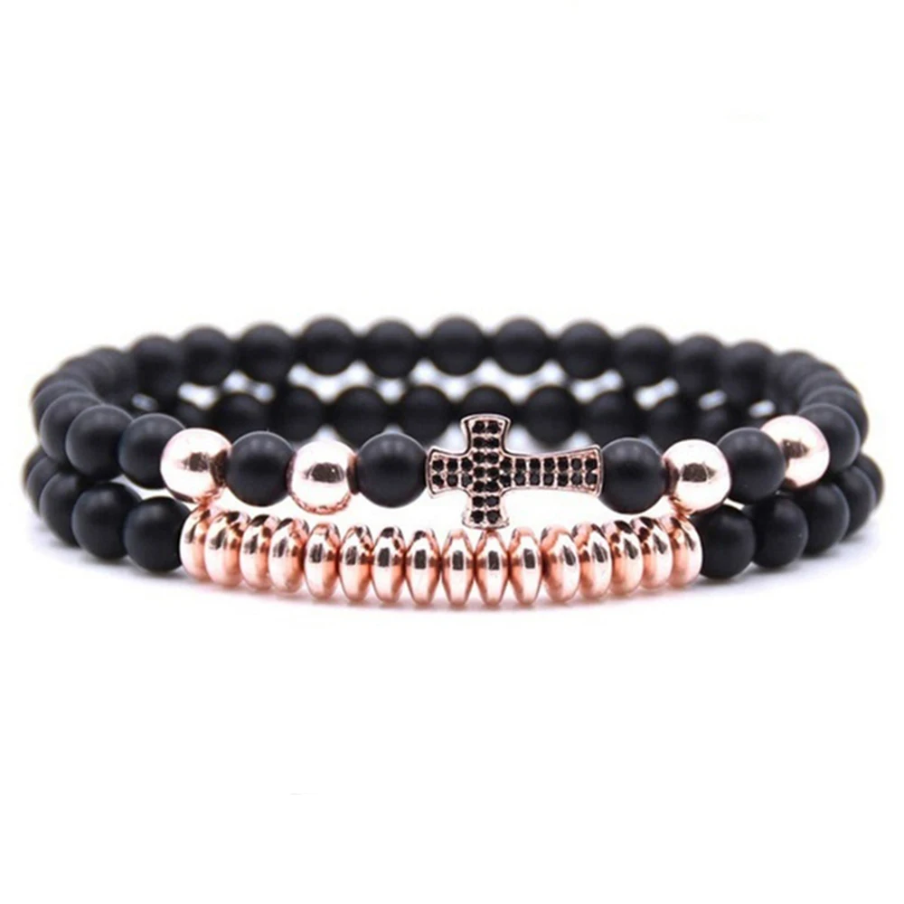 Men Women 2Pcs / Set Natural Matte Black Onyx Stone Jewelry Charm Healing Bead Bracelet