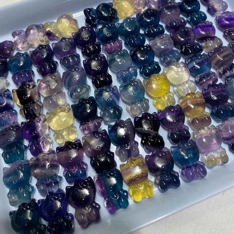 Оптовая продажа натуральный камень Хрустальный флюорит резьба кот драгоценный поделки украшения ручной работы удачи декоративный аксессуар