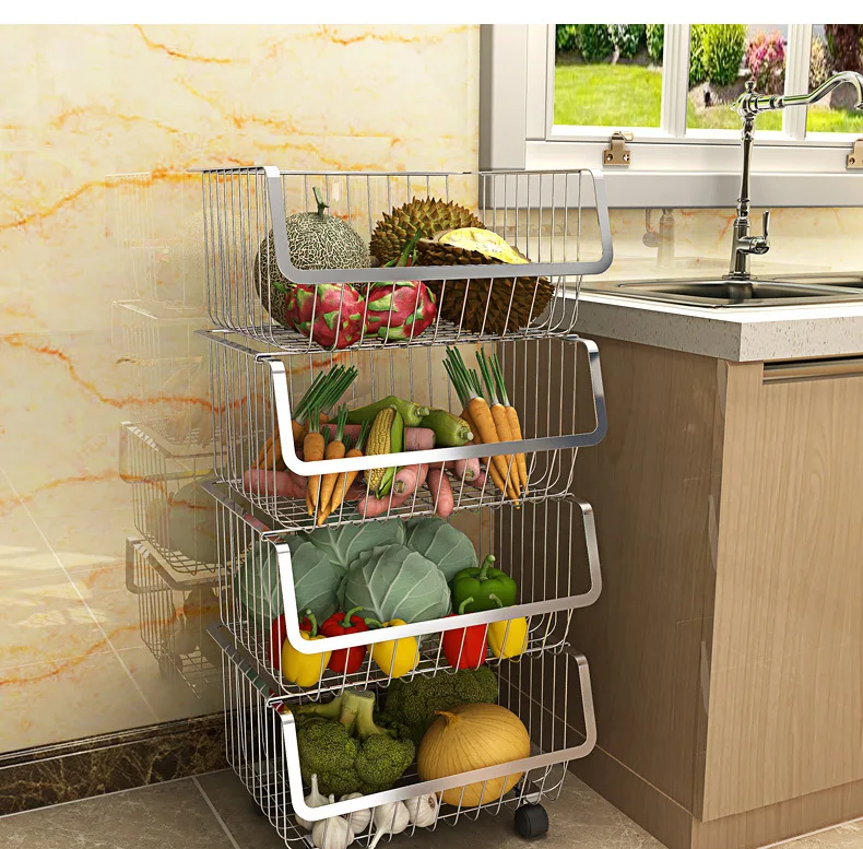 Kitchen cheap modern black 3 tier wall mounted metal fruit basket floor stand storage basket