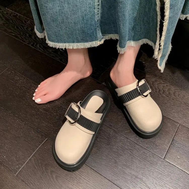 LOGO Custom Wholesale Clog Mule Shoes Custom Logo Genuine Leather 4.5cm Thick Bottom Women Mules Slippers