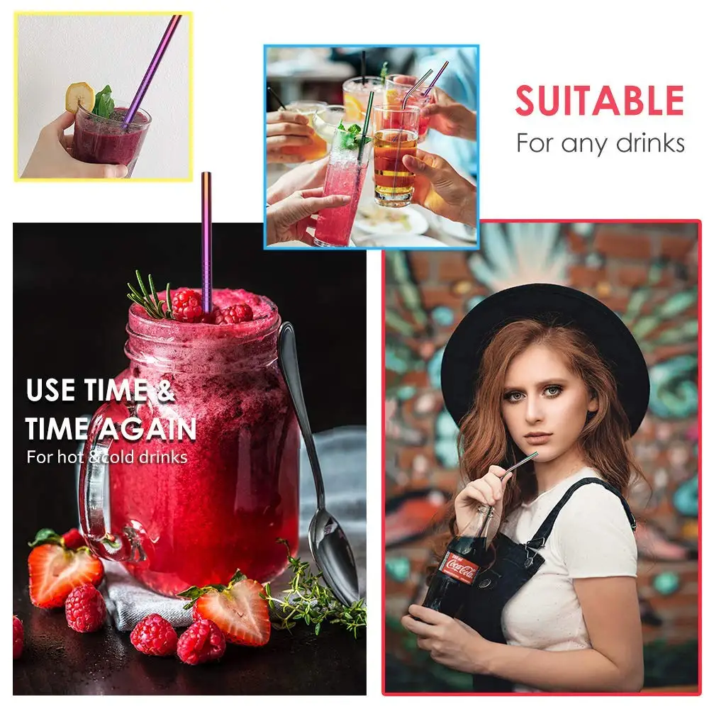 Custom Logo Stainless Steel 304 Reusable Metal Drinking Straw Set