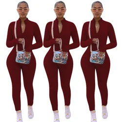 2021 Best Seller Solid Color Casual 4xl Plus Size Long Sleeve One Piece Jumpsuit Fall  V-neck Women Jumpsuit