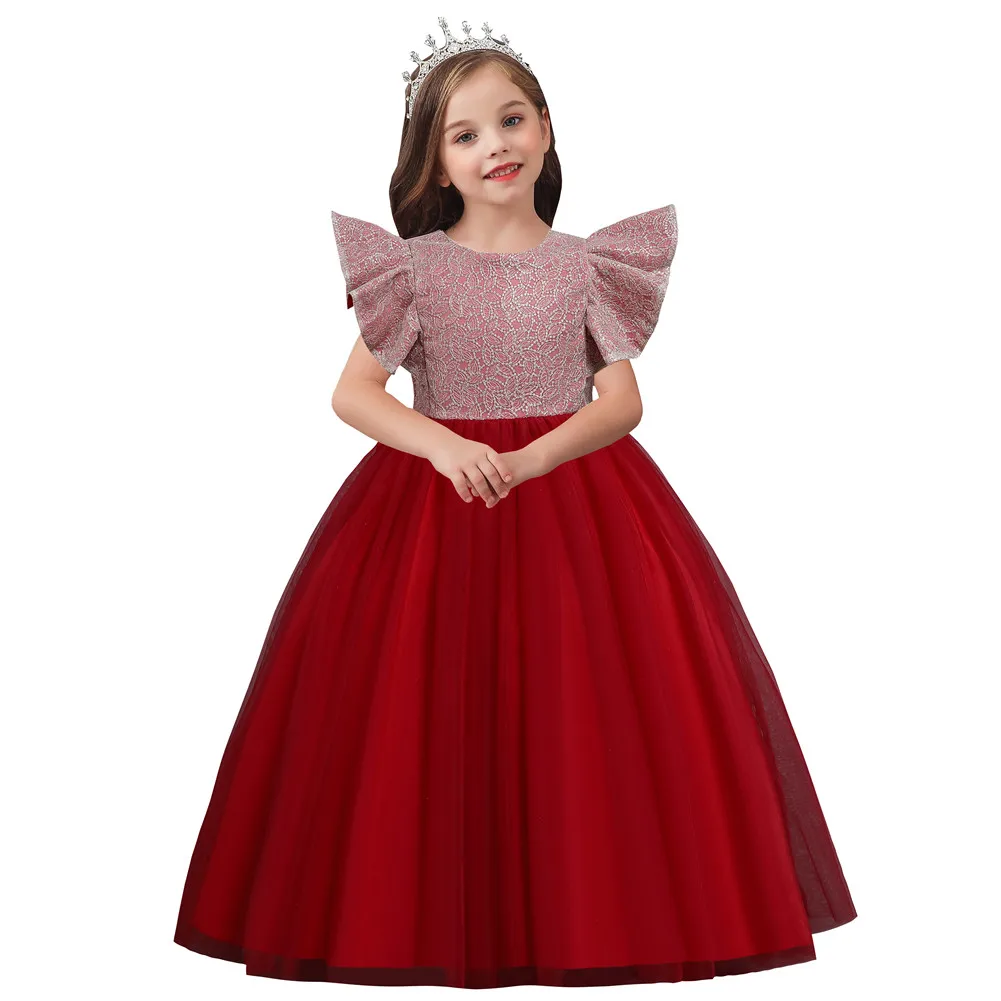 2022 New Noble Flower Girl Wedding Dress  Red Birthday Dresses for Girls of 12 Year Old  Fluffy Party Dress Girls with Big Bow