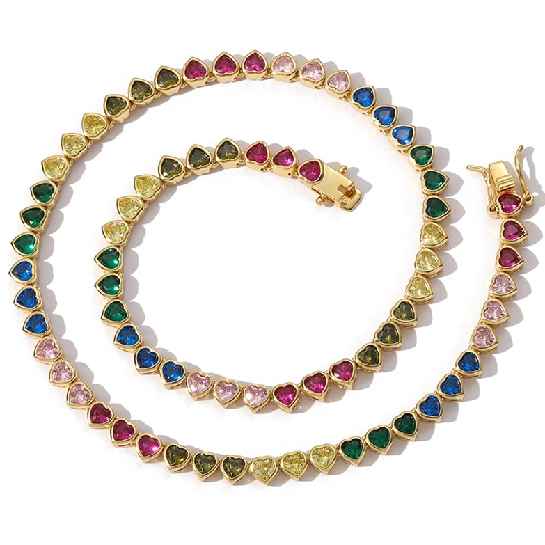 Trendy 2022 Fashion Summer Hip Hop Jewelry Iced Out Diamond Bezel Setting Necklace 5mm Rainbow Heart Tennis Chains for Women Men