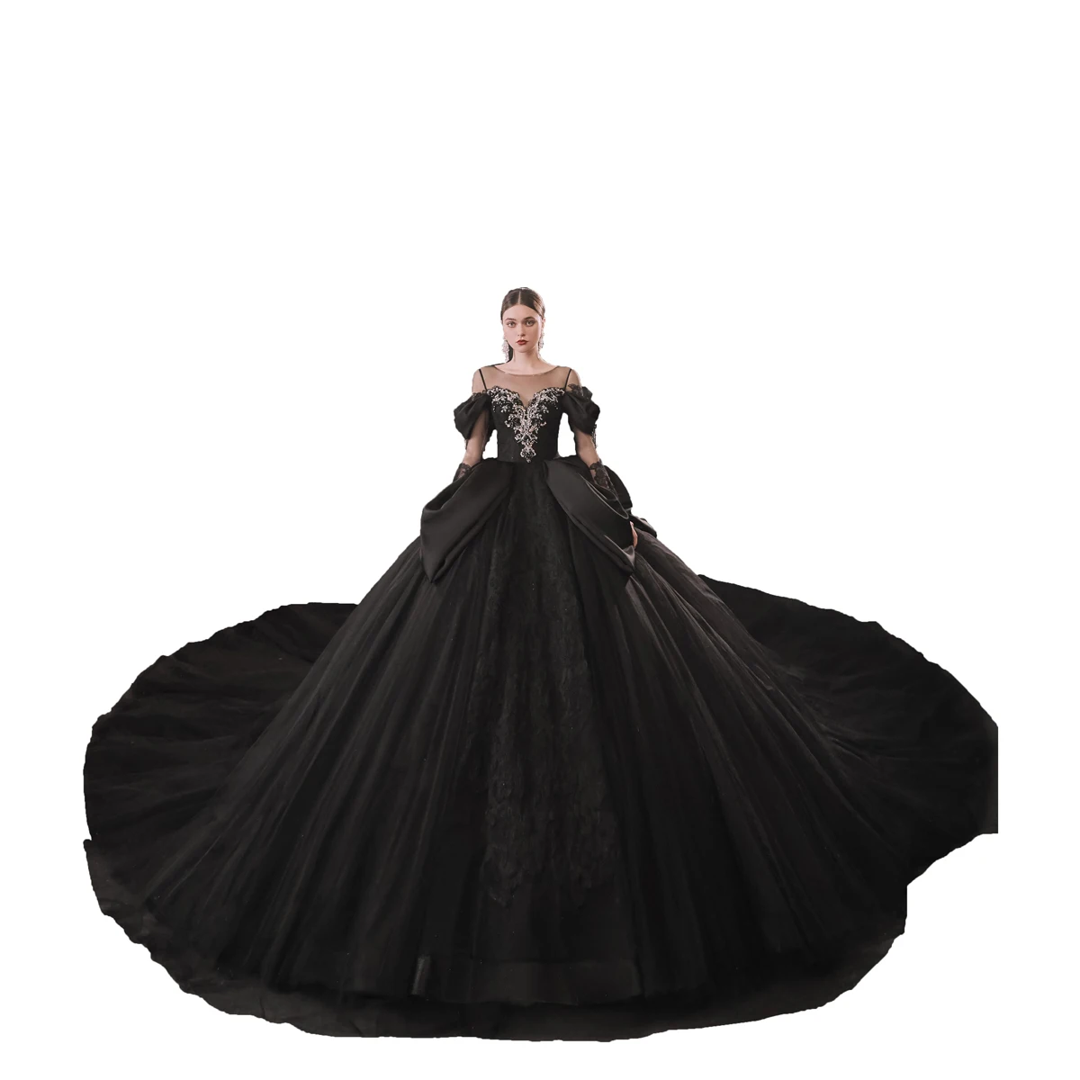 Chi New Design 2022 Ball Gown Black Heavy Embroidery Long Tail Bridal Dress Wedding Dresses for Women