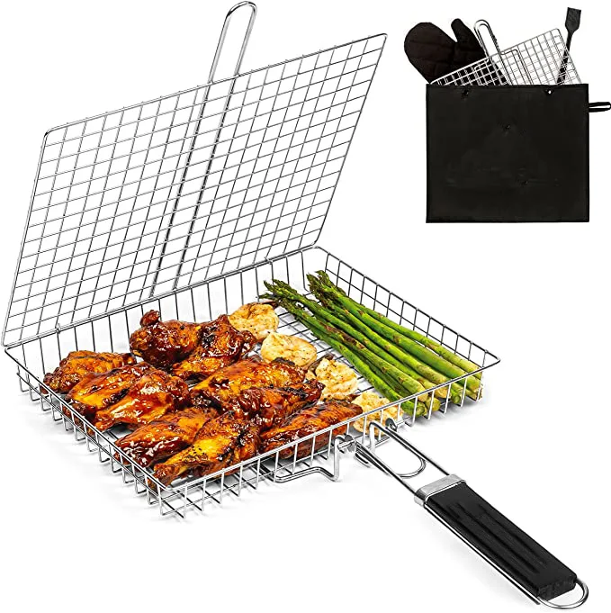 Portable BBQ Wood Chrome Plated Grill Basket Tool Set Barbecue Grills Utensils Wire Mesh Net Tools with Removable Wooden Handle