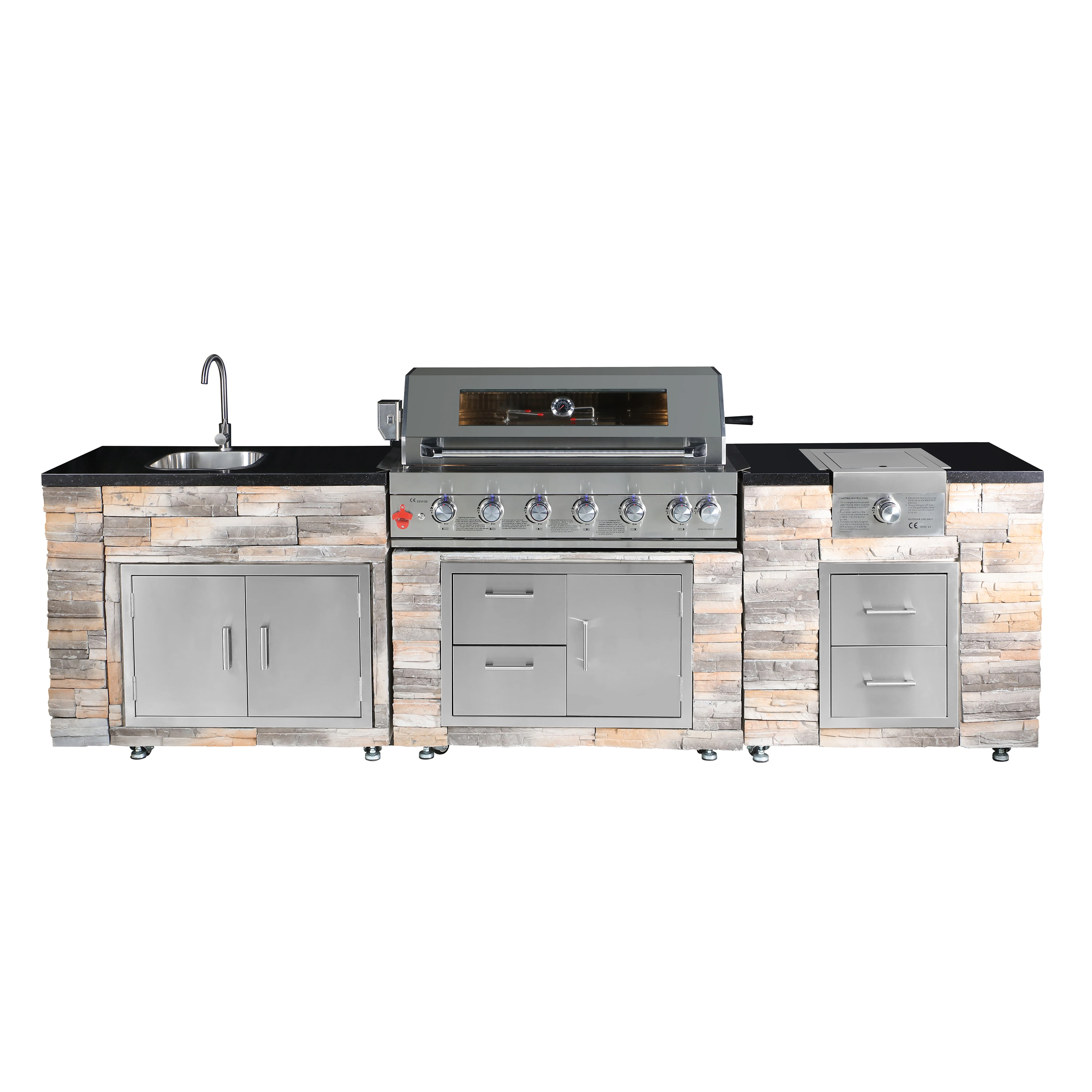 Stainless Steel 6 Burner Gas Grill for Outdoor Kitchen Barbecue Cooking Party with Refrirator and Side Stove