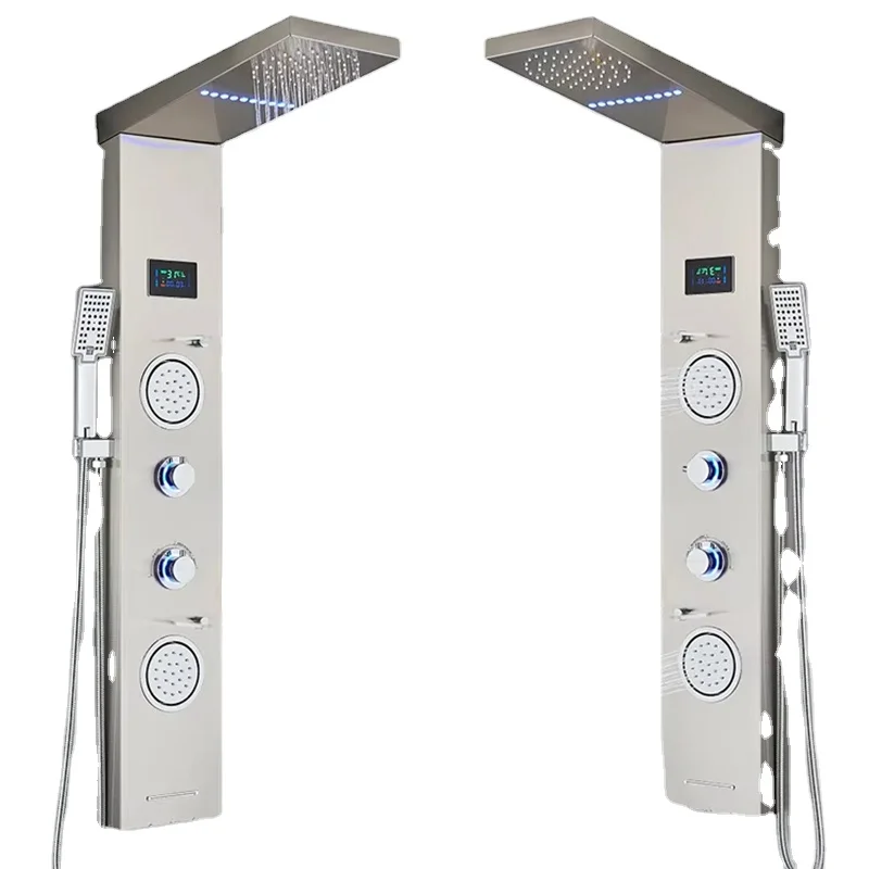 Hot Selling LED Shower Panels Wall Mounted Stainless Steel Waterfall Column Bathrooms Brass Rain Massage Jet Brushed Hotels