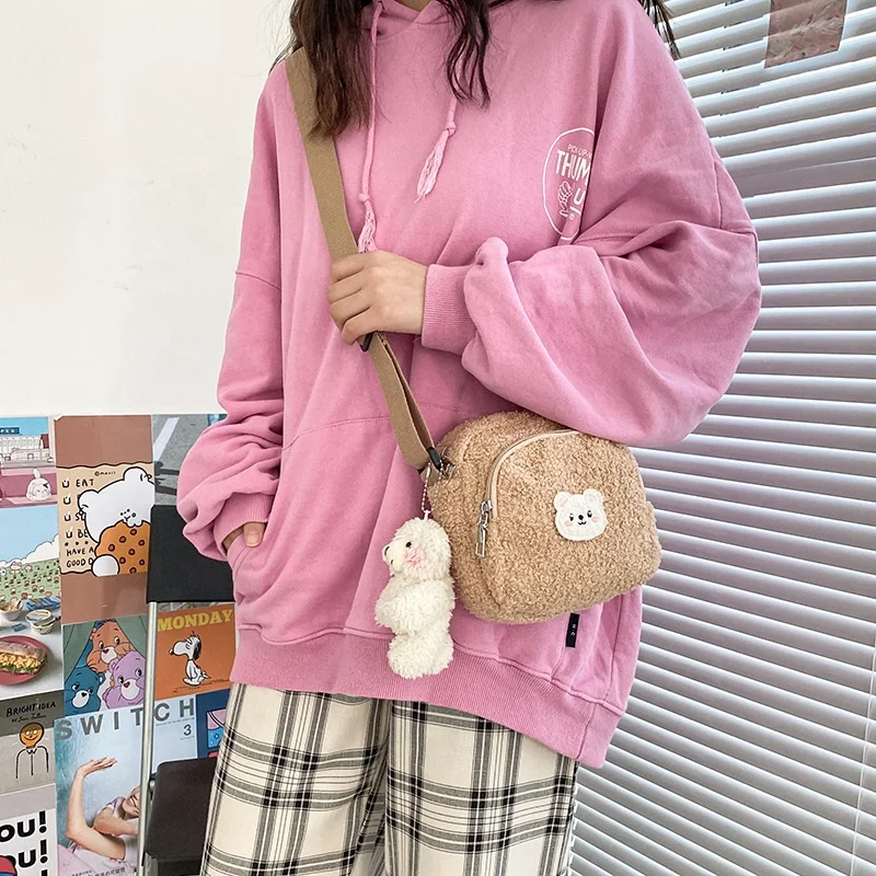 Cute Faux Lambswool Fur Cheap Colorful Shoulder Mini Messenger Fashion Tote Canvas Crossbody Waist Fall Purse Hand Bag for Women