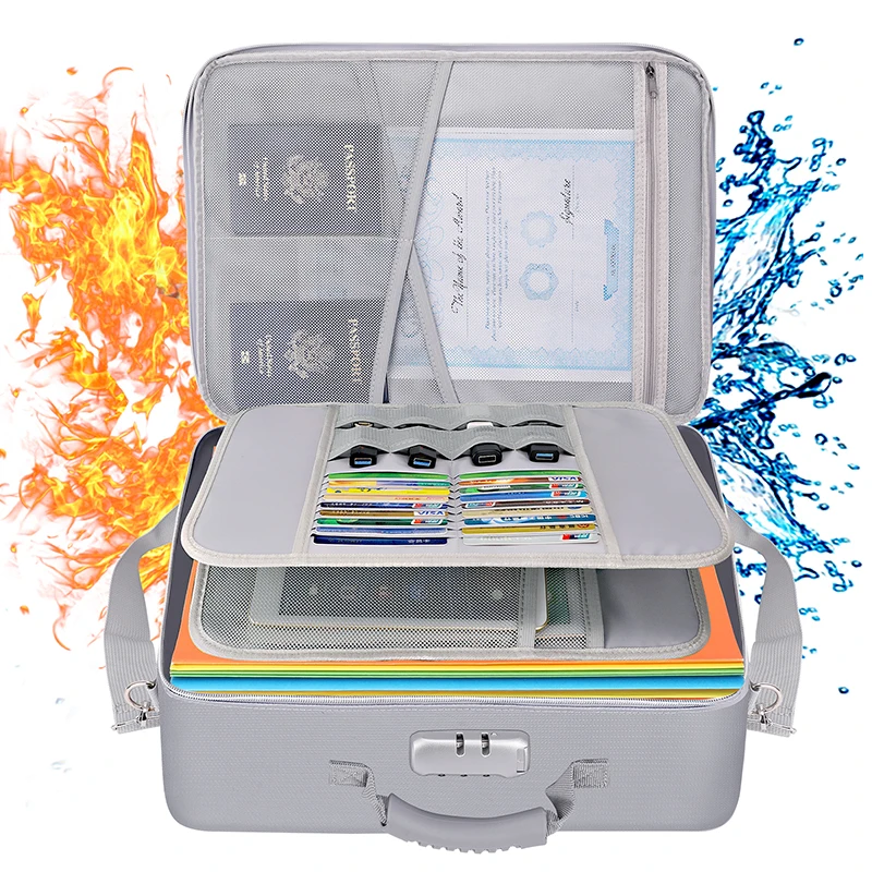 Multi-Layer Portable Fireproof Document Safe Bag With Lock File Storage Organizer