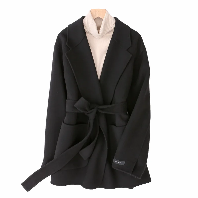 Женское длинное двустороннее шерстяное пальто с ремнем карамельной расцветки, зеленая пшеница