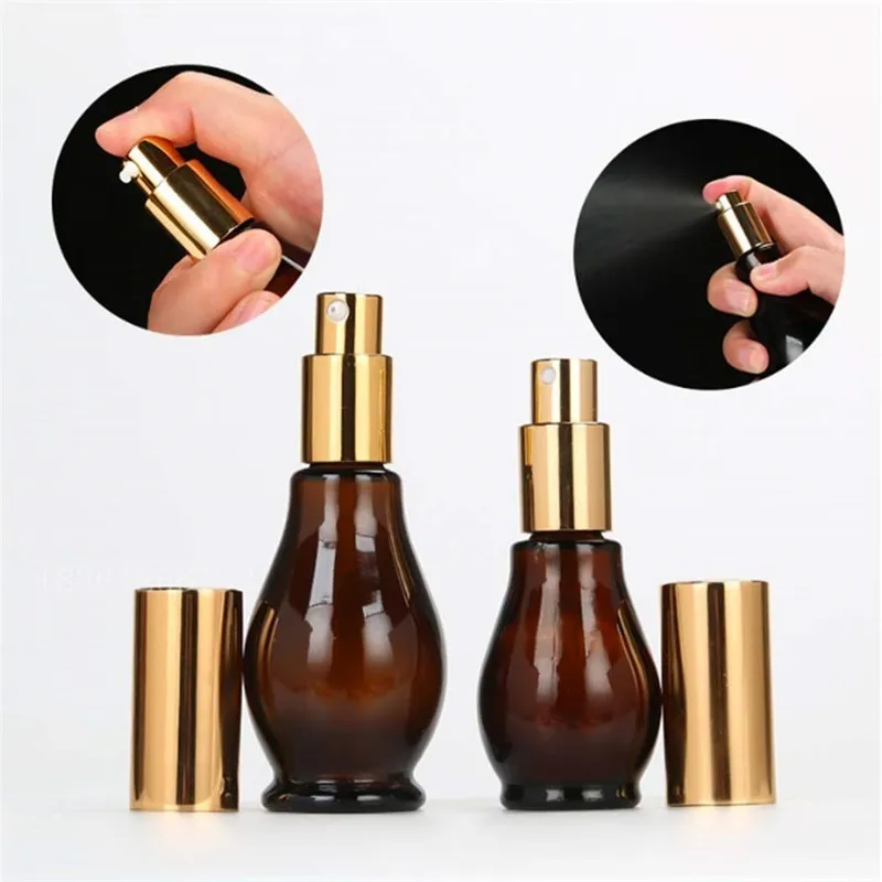 new Glass 10ml 20ml 30ml 50ml 100ml single gourd shape amber glass essential oil bottle with pump and spray