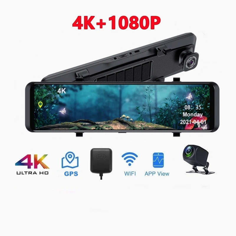4K+1080P 12 Inch Rearview Mirror Car Dvr Dash Cam car dash camera front and rear 4K with WIFI GPS dual lens auto electronics