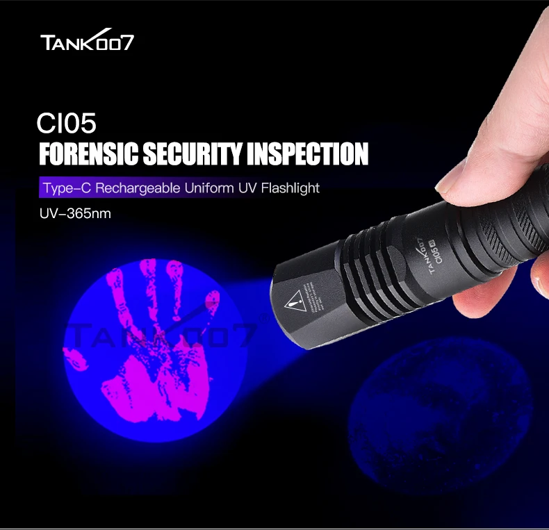 Tank007 CI05 uniform UV Flashlight USB rechargeable forensic Led linternas Torch light 365nm uv forensic inspection flashlight