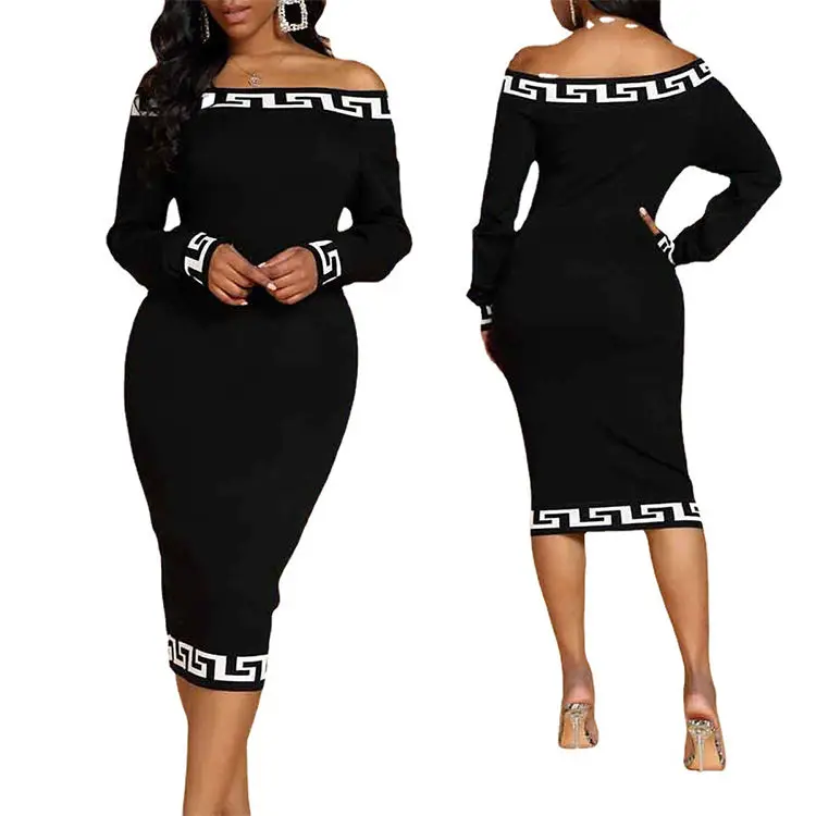 Wholesale 2023 Elegant Black Women Autumn Stand Casual Winter Off The Shoulder Knitting Bodycon Dress